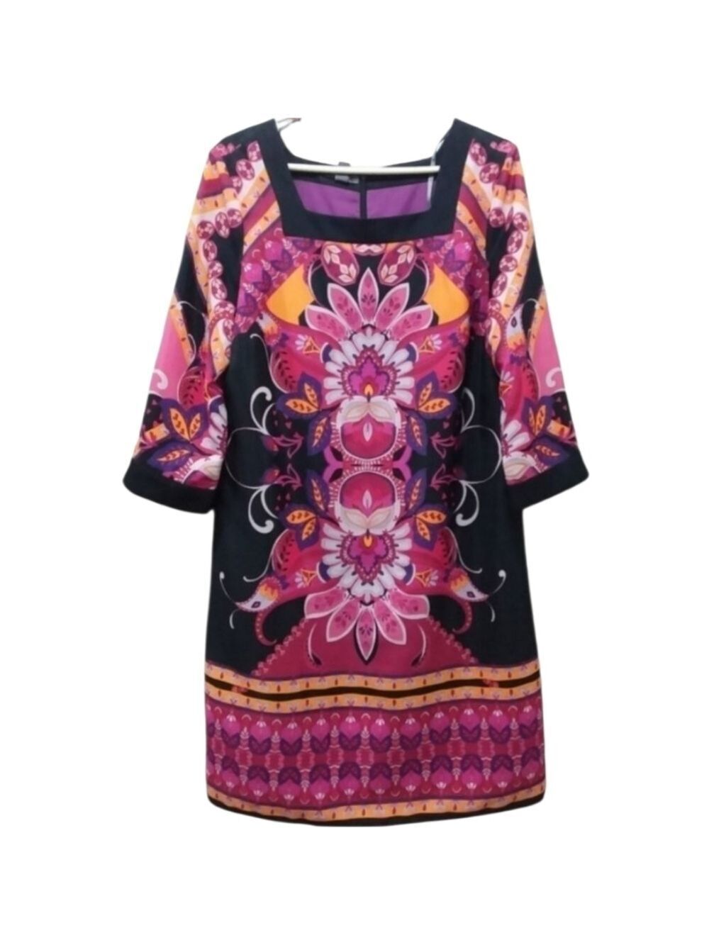 MUSE Jewel Tone Square Neck 3/4 Sleeve Midi Floral Print Dress Size 14